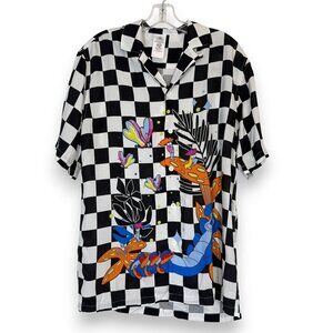 Disney Shirt Alice in Wonderland Button Down Checkered Black White Small
